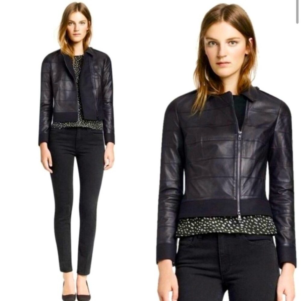 Tory Burch Lila‎ Tiered Black Leather Wool Contrast Jacket Size 8